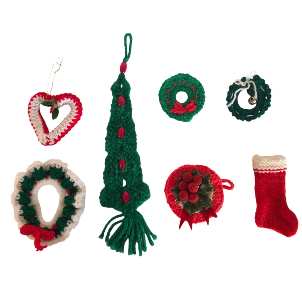 VINTAGE 70s 80s Lot of 7 Knit Crochet Macrame Handmade Christmas Ornaments Xmas